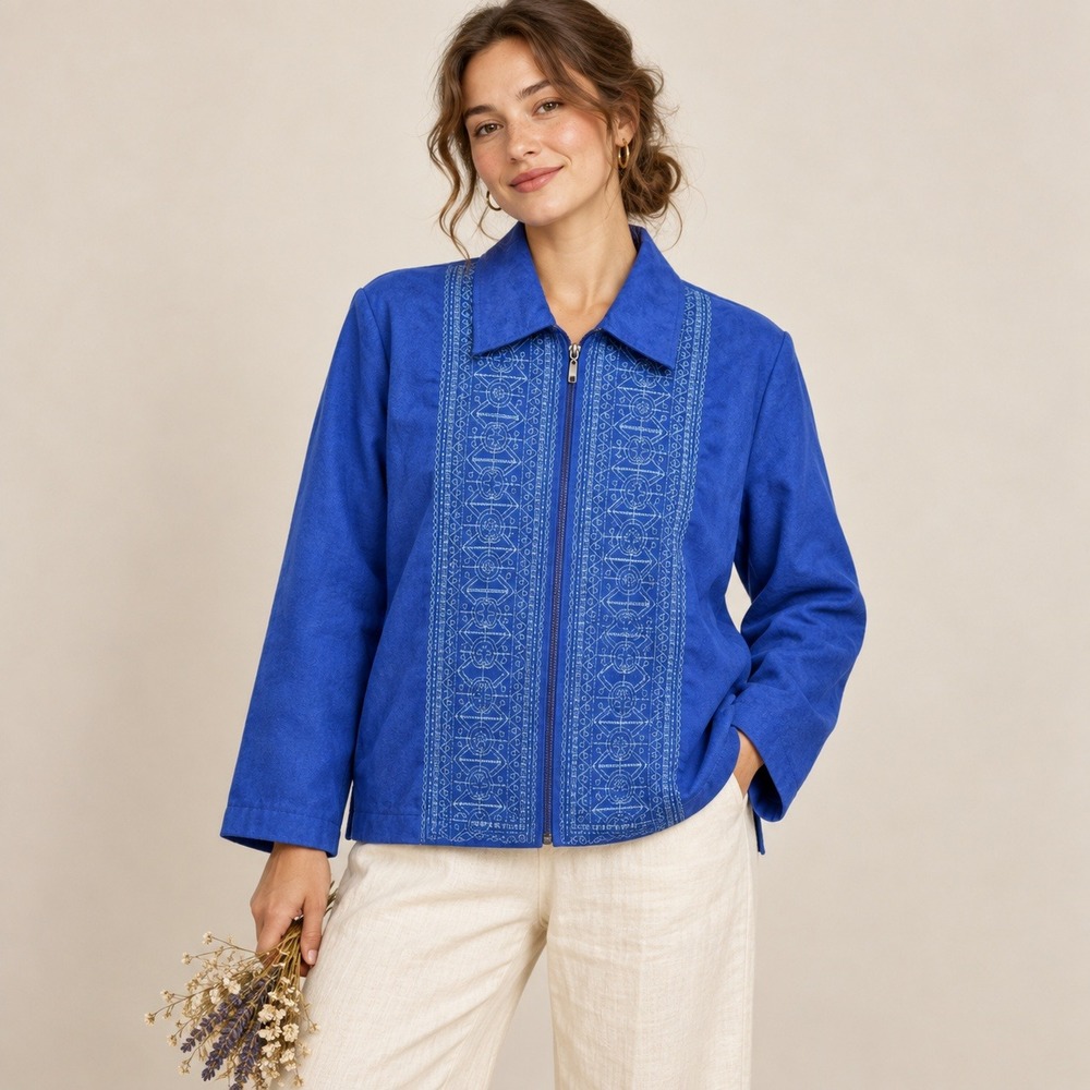BonWorth Blue Faux Suede Embroidered Full Zip Jacket Coastal Grandma Boho SP